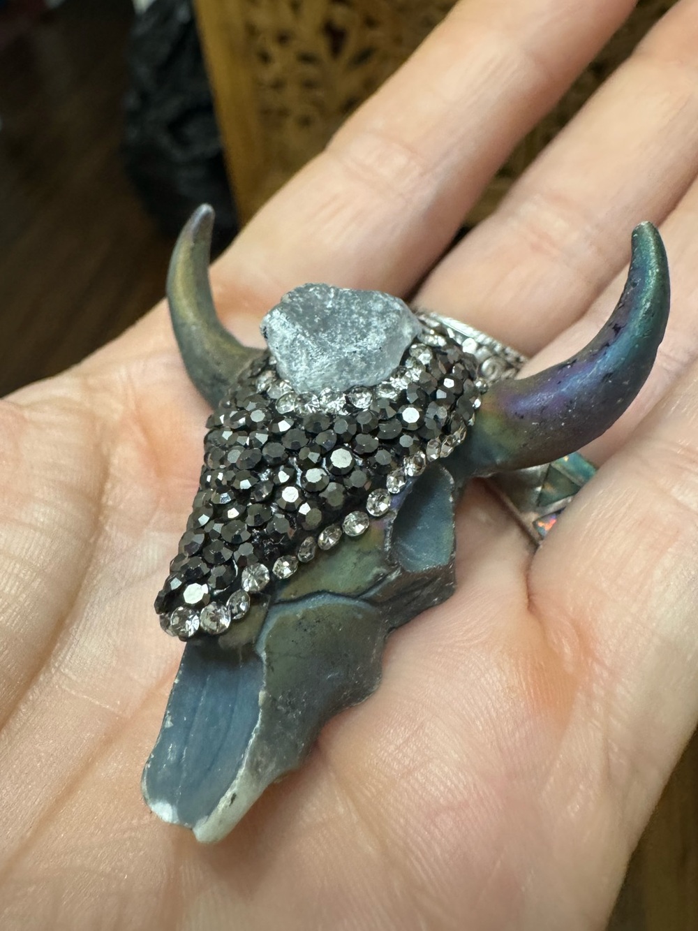 Micro Crystal-Embellished Bull Skull Pendant — Iridescent Blue-Green